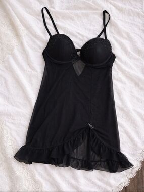 Gilligan & O'Malley Black Lace-Trim Babydoll Chemise Size M